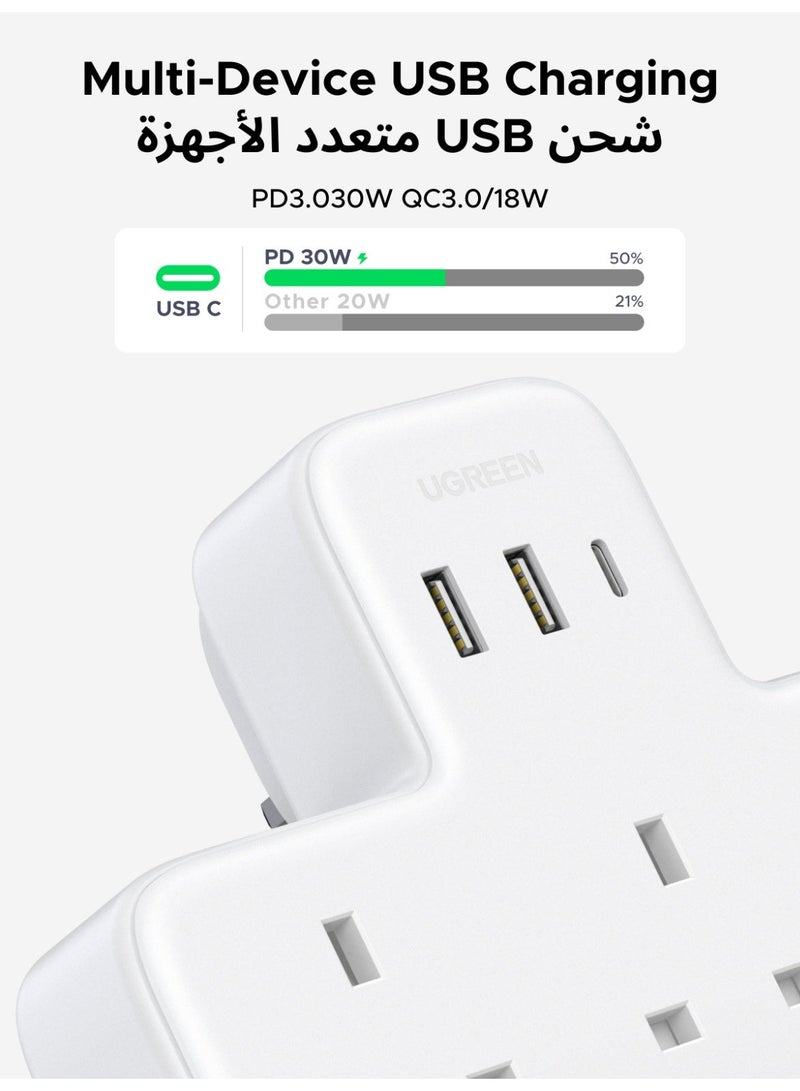 يو جرين وصلة تمديد 6 في 1 للحماية من اندفاع التيار الكهربائي وسلك تمديد 3 مقابس متعددة للتيار المتردد، شاحن سريع USB C 3 منافذ USB، موسع قابس بريطاني ثلاثي، محطة شحن USB للمطبخ، ملحقات المكتب المنزلي - Image 3