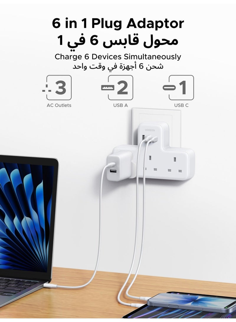 يو جرين وصلة تمديد 6 في 1 للحماية من اندفاع التيار الكهربائي وسلك تمديد 3 مقابس متعددة للتيار المتردد، شاحن سريع USB C 3 منافذ USB، موسع قابس بريطاني ثلاثي، محطة شحن USB للمطبخ، ملحقات المكتب المنزلي - Image 2