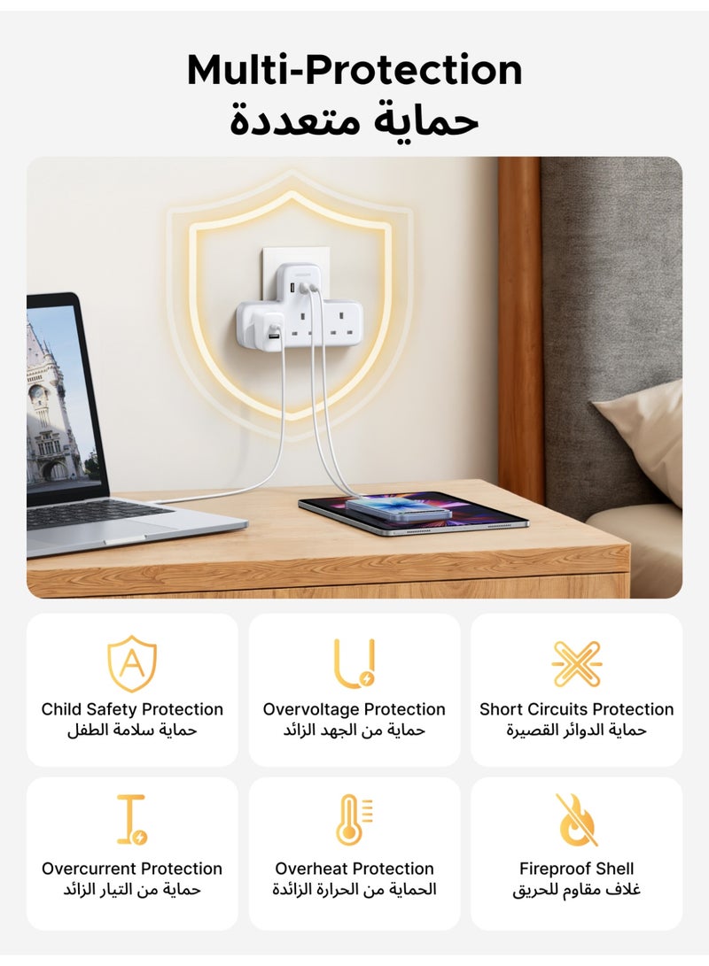 يو جرين وصلة تمديد 6 في 1 للحماية من اندفاع التيار الكهربائي وسلك تمديد 3 مقابس متعددة للتيار المتردد، شاحن سريع USB C 3 منافذ USB، موسع قابس بريطاني ثلاثي، محطة شحن USB للمطبخ، ملحقات المكتب المنزلي - Image 5