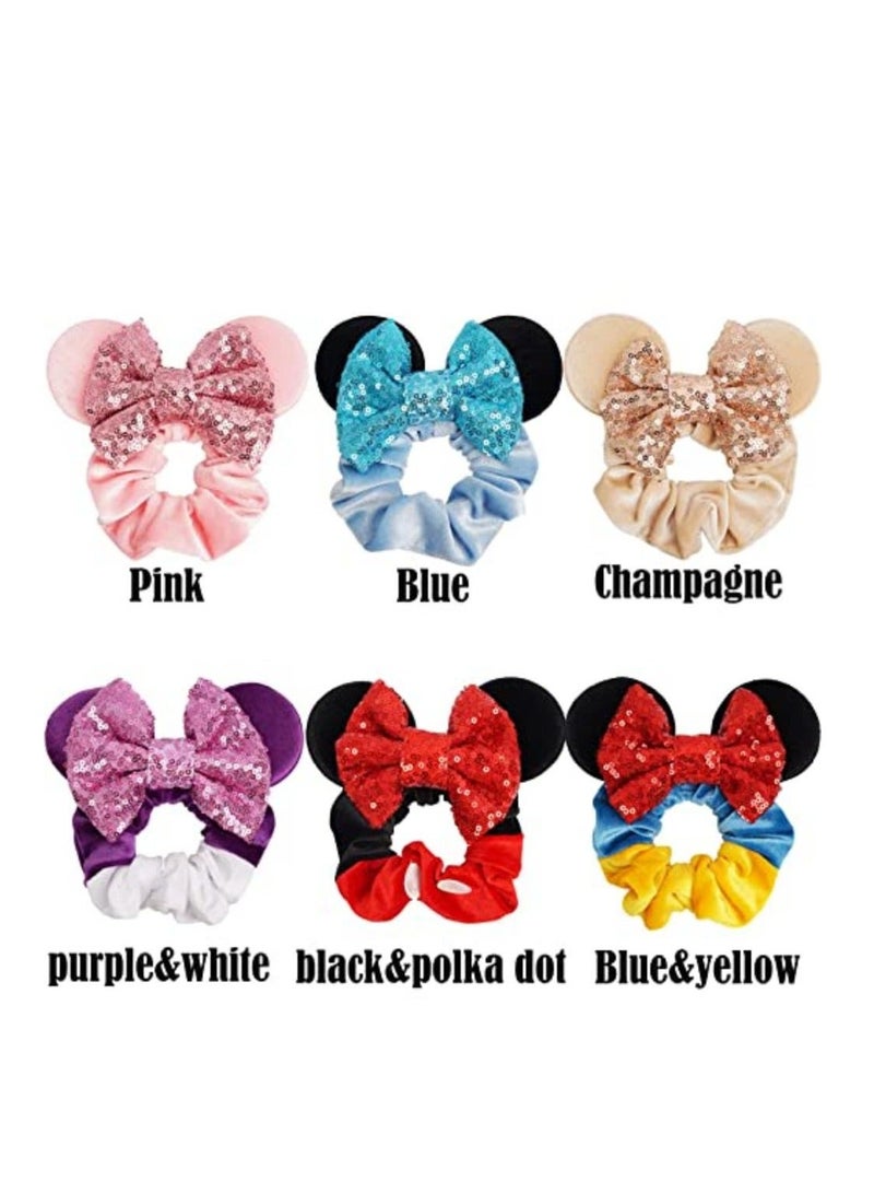 Mouse Ear Scrunchies 6Pcs Elastic Hair Bands Cute Ponytail Ties Soft Velvet Sparkle Sequin Bow Scrunchy for Thin or Thick Hairs No Damage Women Accessories for Kids Girls Adults - Image 3