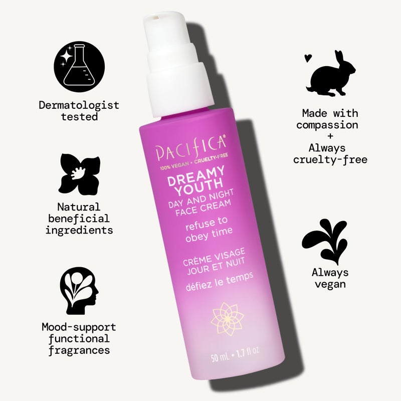 Pacifica Face Moisturizer Lotion - Dreamy Youth Day & Night Face Cream, Daily Skincare, Grapeseed Oil, Peptides, Hydrating, Facial Lotion, Skincare, For Dry Skin, Vegan, 1.7 fl oz (1 Count) - Image 2