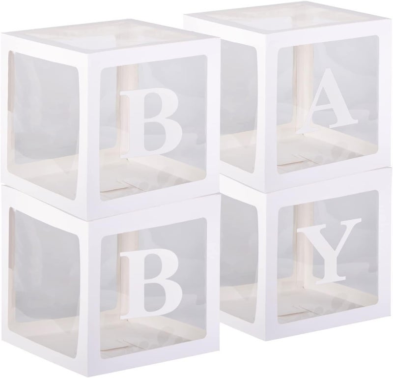 Pop The Party Transparent BABY Boxes for Baby Shower Decorations – 4 Pack White Display Blocks for Balloons, Backdrop, Birthday Party & Welcome Baby Décor - Image 1