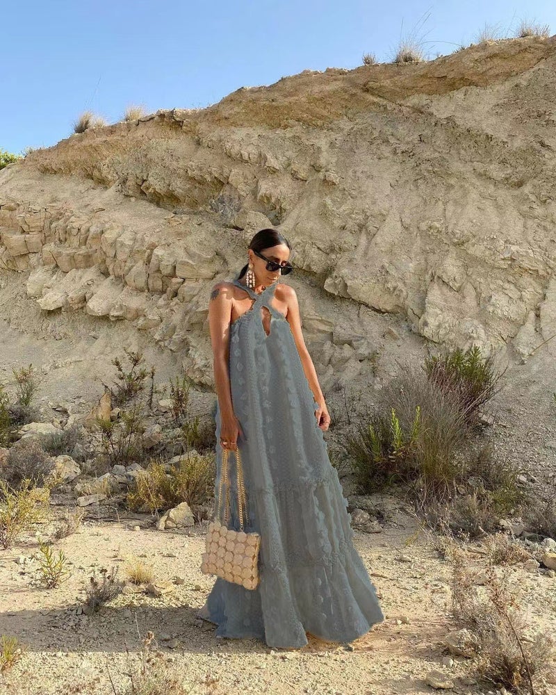 Fashionable Halter Neck 3D Flower Printed Long Dress Egg Cake Dress Cross-Border WT02 European And American Style For Special Oc Yellow - Image 1