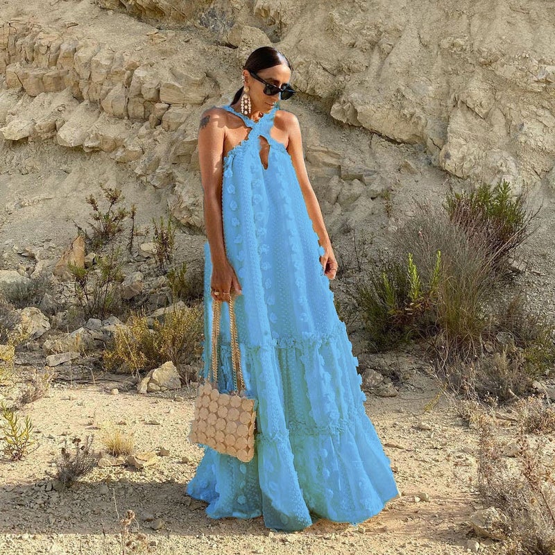 Fashionable Halter Neck 3D Flower Printed Long Dress Egg Cake Dress Cross-Border WT02 European And American Style For Special Oc Yellow - Image 4