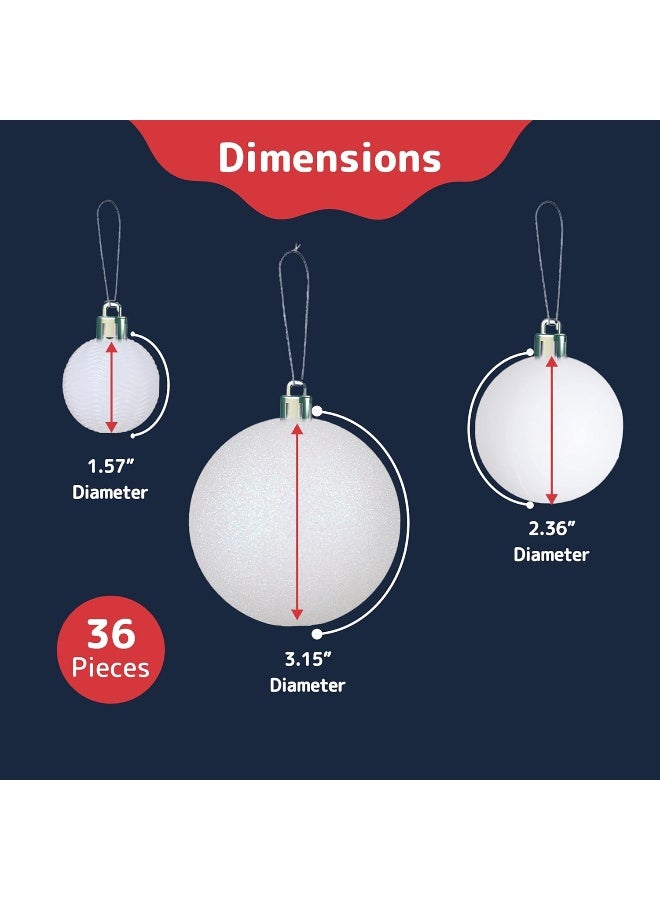 Prextex Prextex Christmas Ball Ornaments for Christmas Decorations (White) | 36 pcs Xmas Tree Shatterproof Ornaments with Hanging Loop for Holiday, Wreath and Party Decorations (Combo of 6 Styles in 3 Sizes)  - Image 3