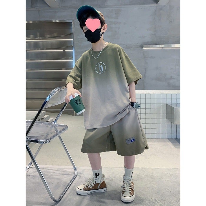 Boys Gradient Letter Print Sports Outfit Green
