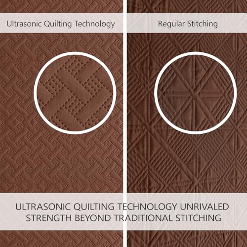 FLYMME Full/Queen Quilt Bedding Set, Brown Lightweight Microfiber Bedspread, Modern Geometric Weave Stripe Pattern, Soft Summer & All-Season Bed Coverlet, Includes 1 Quilt & 2 Shams - Image 3