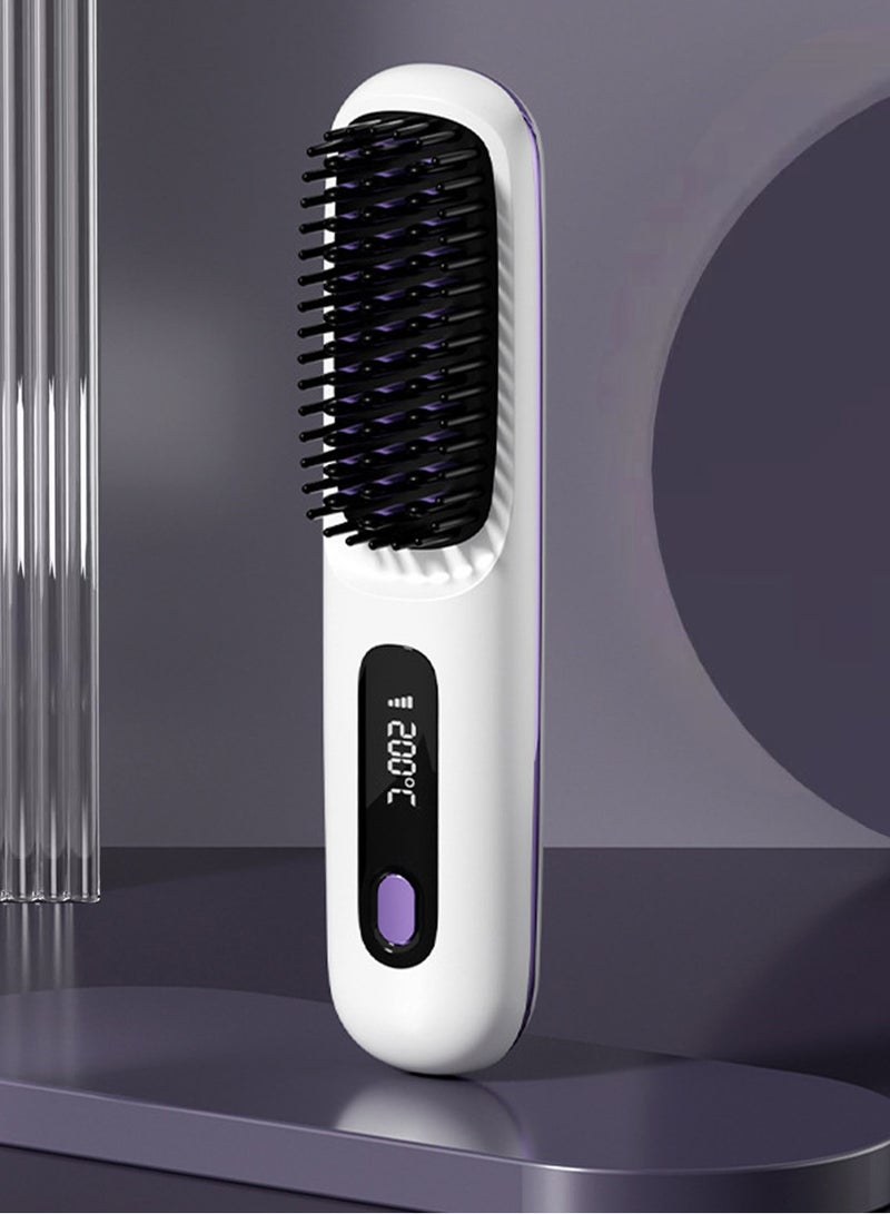 Electric Hair Straightener Brush, Portable Ceramic Ionic Straightening Comb and Curler, LED Display, Fast Heating, 3 Temp Settings  Anti-Scald Head Massager for All Hair Types, White - Image 1