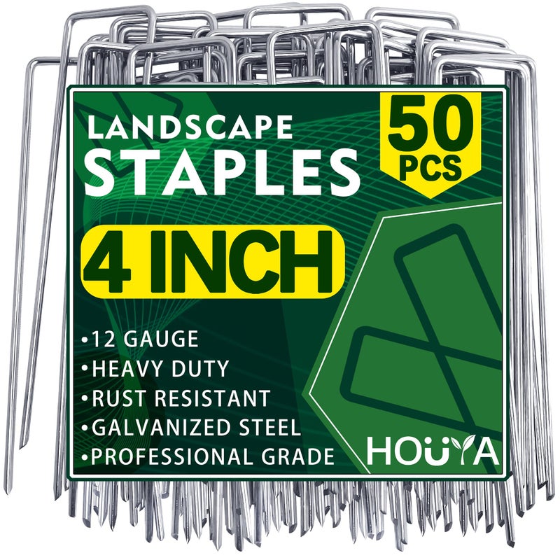 HOUYA 50 Pack Landscape Staples 4 Inch 12 Gauge Garden Stakes Galvanized Garden Staples Pins Anti-Rust Ground Stakes for Weed Barrier, Irrigation Tubing, Yard Lawn, Landscape Fabric - Image 1
