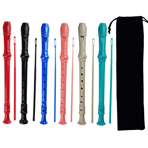 Kasteco 6 Pack German Style 8 Hole-3 Piece Descant Soprano Recorders with Cleaning Rod, Black Storage Bag, ABS Material (6 Colors) - Image 1