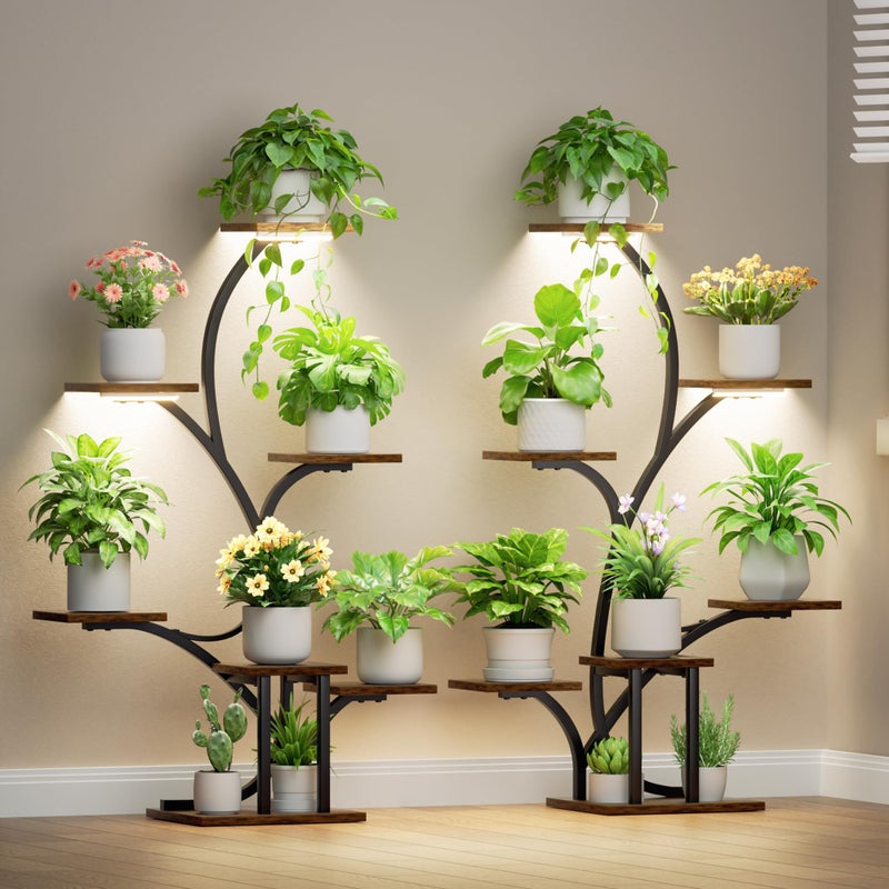 BACEKOLL Plant Stand Indoor with Grow Lights - 2 Pack Plant Shelf, 7 Tier Lighted Corner Plant Stands for Indoor Growing, 40" Metal Flower Holder, Tree-Shaped Display Shelves with Adjustable Light, Black - Image 1