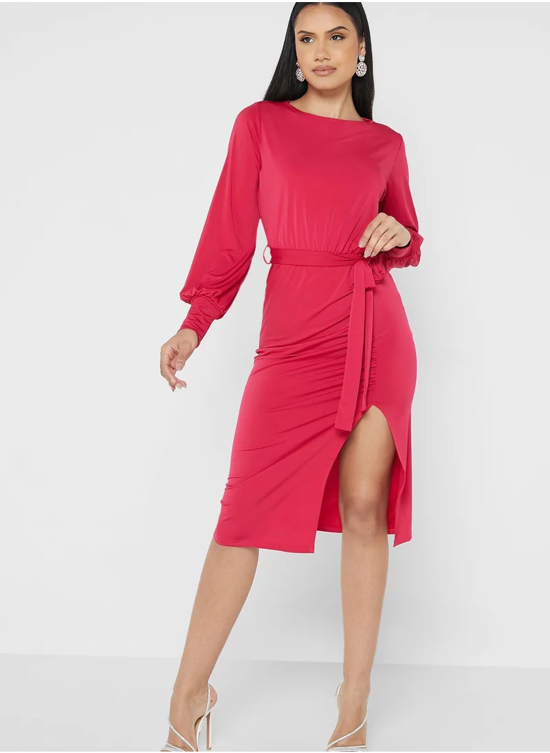 John Zack Balloon Sleeve Tie Detail Front Split Dress