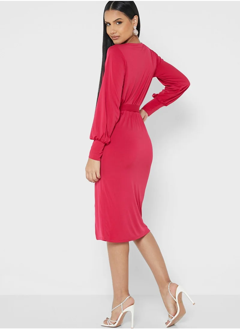 John Zack Balloon Sleeve Tie Detail Front Split Dress