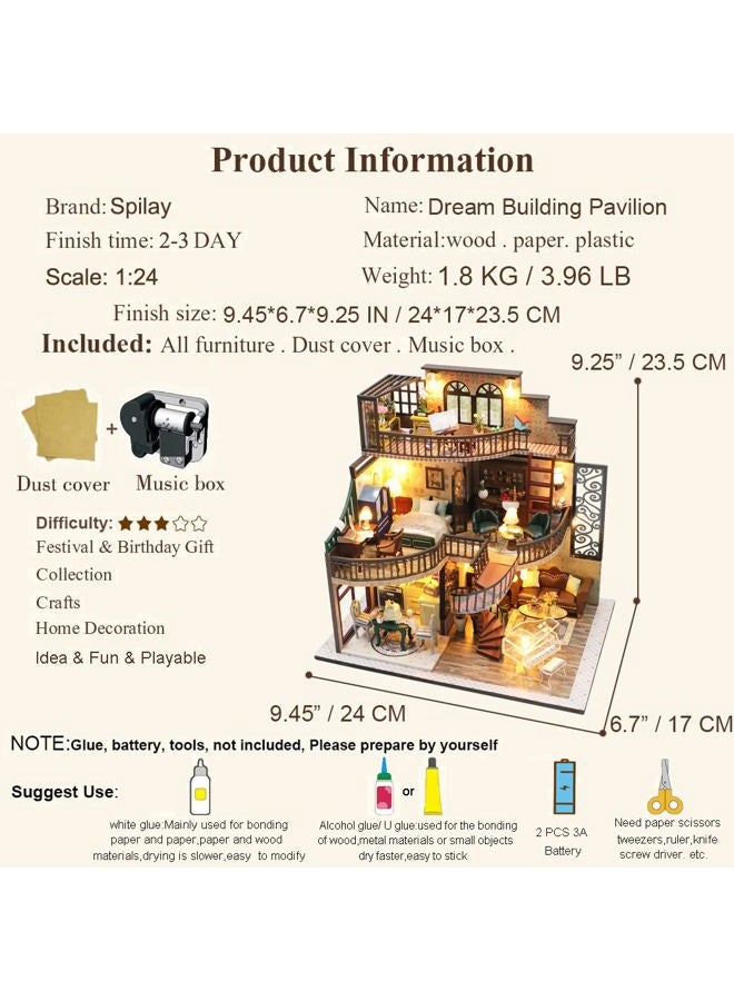 Spilay DIY Book Nook Kit,DIY Dollhouse Booknook Bookshelf Insert Decor Alley,Bookends Model Build kit,Handmade Crafts Gifts-k36 (Dream Building Pavilion with Dust Cover Music Box) - Image 4