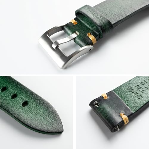 Berfine 24mm Retro Handmade Watch Band, Quick Release Vintage Leather Watch Strap Replacement,Green - Image 3