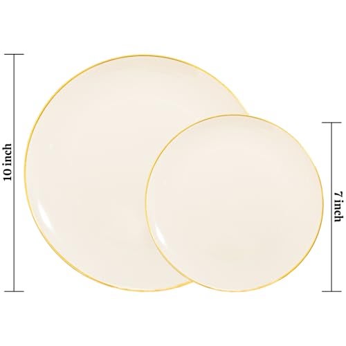 PULOTE 60 PCS Ivory Plastic Plates - Cream Plastic Disposable Include 30 Dinner and 30 Dessert Plates with Gold Rim - Ideal for Party & Wedding - Image 2