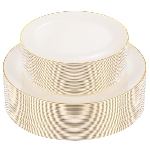 PULOTE 60 PCS Ivory Plastic Plates - Cream Plastic Disposable Include 30 Dinner and 30 Dessert Plates with Gold Rim - Ideal for Party & Wedding - Image 1