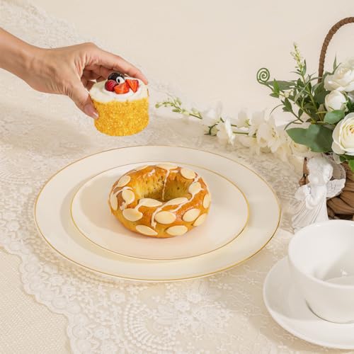 PULOTE 60 PCS Ivory Plastic Plates - Cream Plastic Disposable Include 30 Dinner and 30 Dessert Plates with Gold Rim - Ideal for Party & Wedding - Image 3