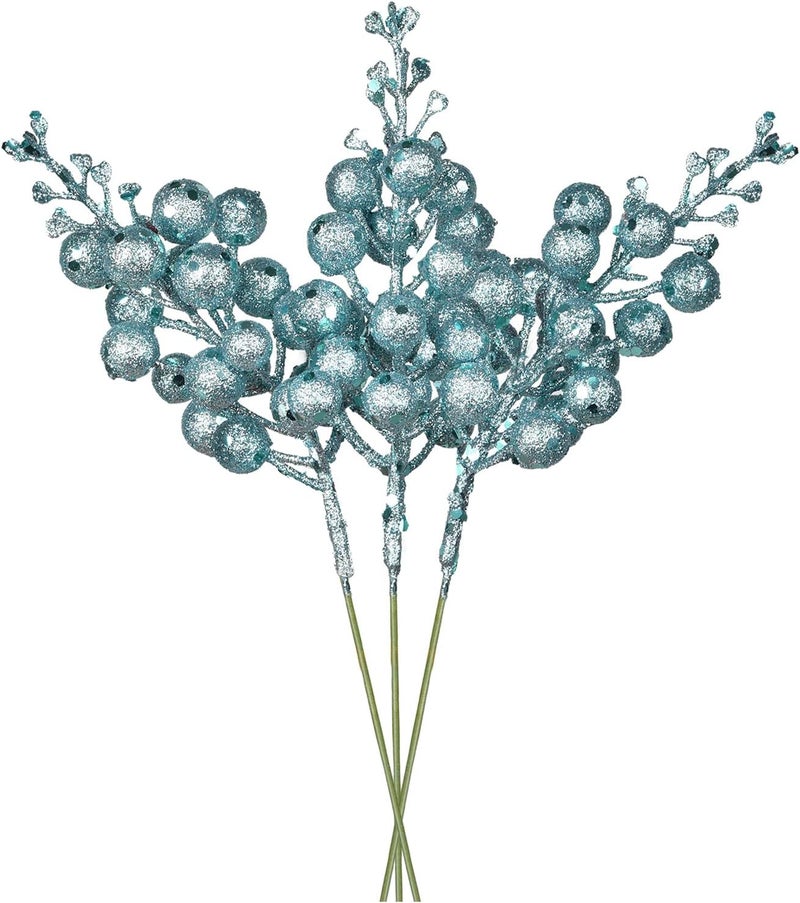 Lvydec 16pcs Christmas Glitter Berry Stems, 7.8" Artificial Christmas Picks for Christmas Tree Ornaments, DIY Xmas Wreath, Crafts, Holiday and Home Decor (Light Blue) - Image 1