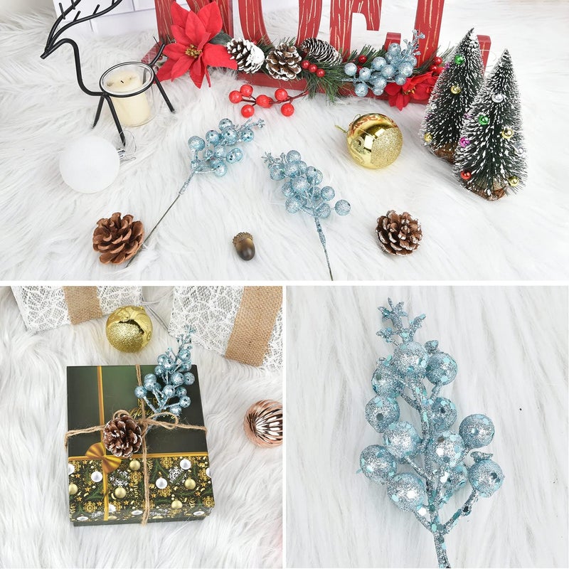 Lvydec 16pcs Christmas Glitter Berry Stems, 7.8" Artificial Christmas Picks for Christmas Tree Ornaments, DIY Xmas Wreath, Crafts, Holiday and Home Decor (Light Blue) - Image 3