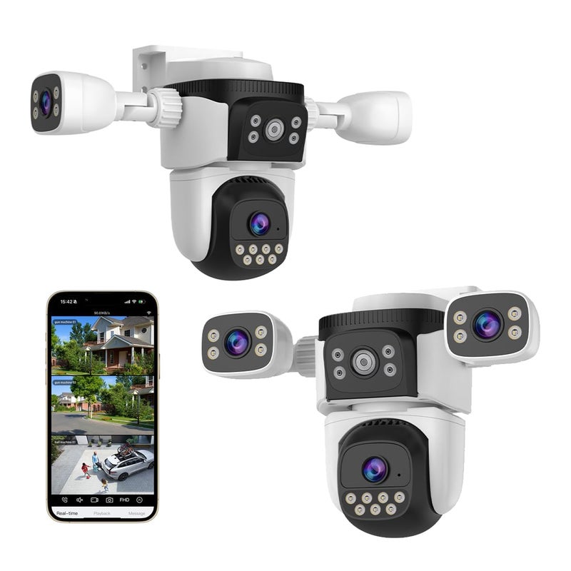 EVERSECU Triple Lens WiFi PTZ Security Camera, Three Cameras in One, Side Cameras with Adjustable All-Angle Arm, 2K 360Â° View No Blind Spot, Auto Tracking, Spotlight, 2 Way Audioï¼ˆ2pack - Image 1