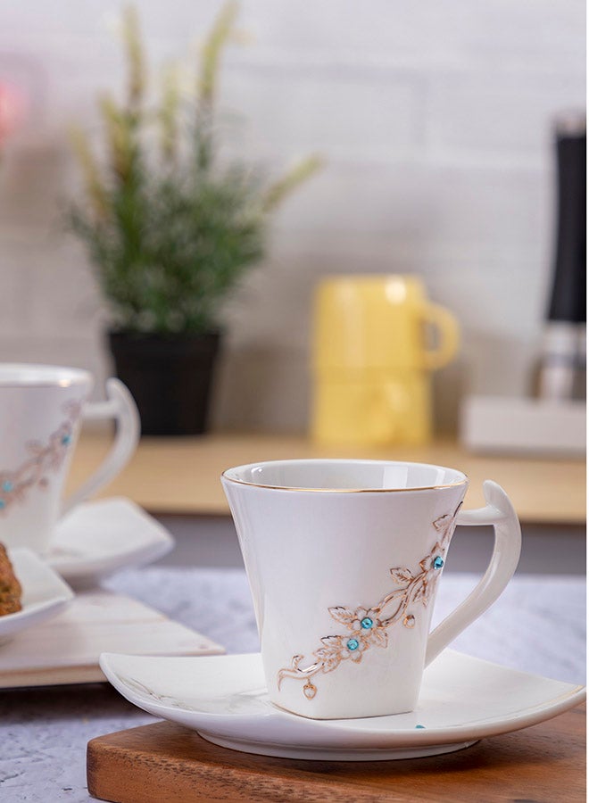 Royalford 12-Piece Bone Square Cup And Saucer Set White/Gold 220ml - Image 2
