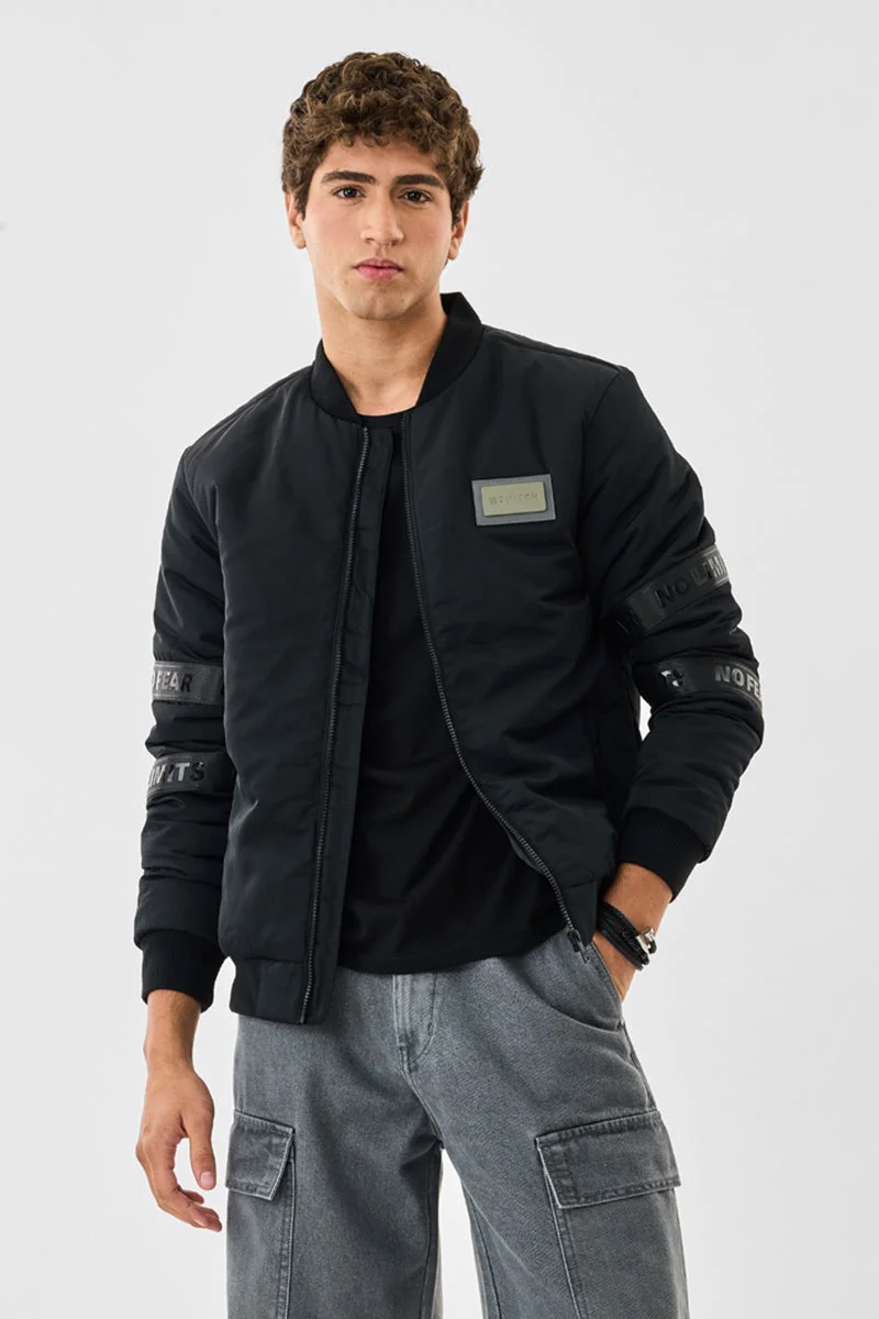 SNITCH Black Solid Long Sleeve Regular Fit Streetwear Jacket