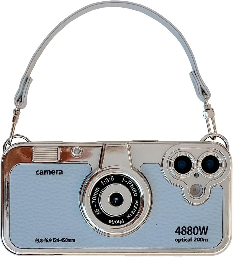 QoKcoahn 3D Vintage Camera Phone Case with Hand Strap - Unique Cool Silicone PC Shockproof Crossbody Protective Case for iPhone 17-Blue - Image 1