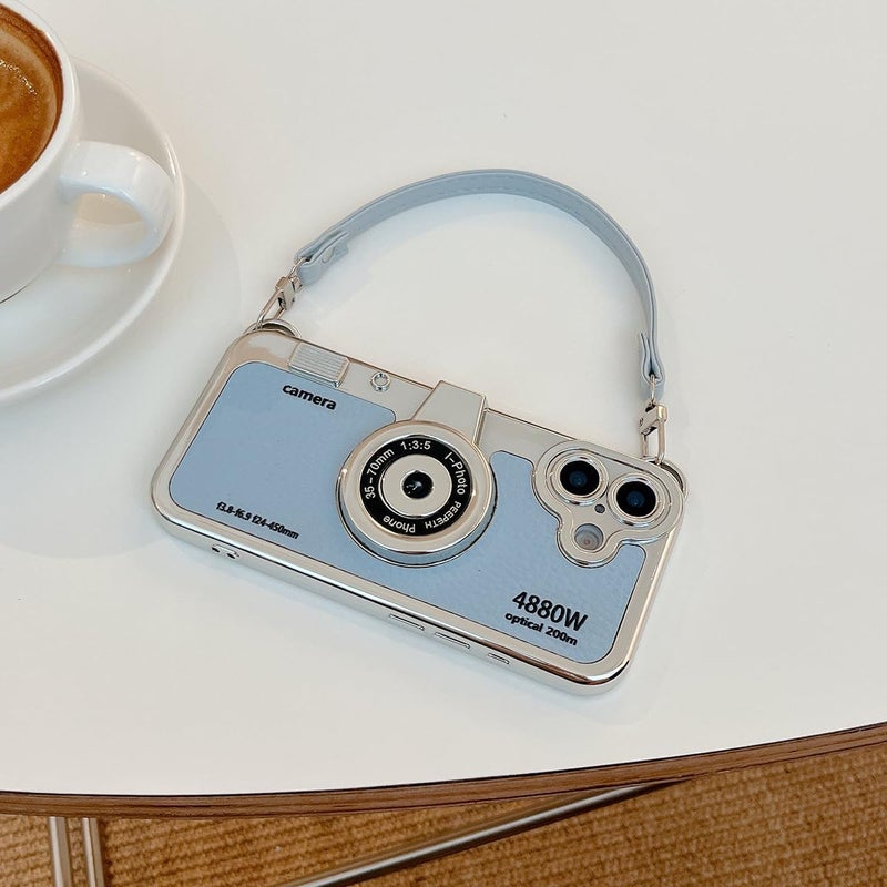 QoKcoahn 3D Vintage Camera Phone Case with Hand Strap - Unique Cool Silicone PC Shockproof Crossbody Protective Case for iPhone 17-Blue - Image 2