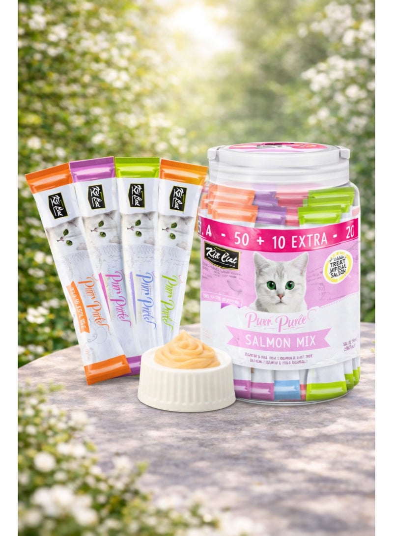 Kit Cat Super Premium Purr Purrée Salmon Mix Liquid Cat Treats Mega Value Pack 50 + 10 Extra Free - Image 1