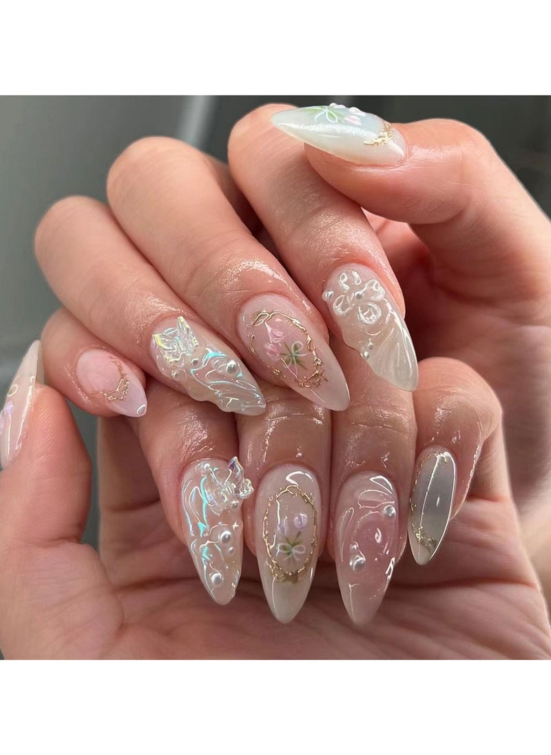 JOSQUEWNN - Fake Nails,Artistic Gem-Embedded Butterfly Wearable Armor,Medium Fake Acrylic Nails With Glue Kit - Image 1