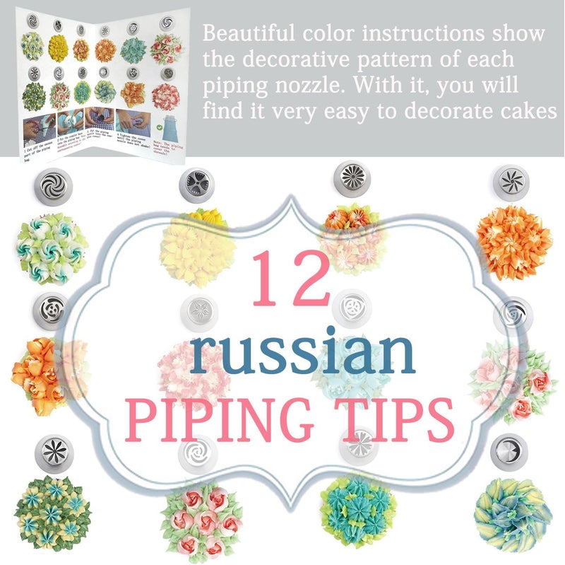 GEMLON Russian Piping Tips Set, 48PCS Flower Piping Tips for Cake Decorating Large Frosting Piping Kit Icing Bags and Tips Set, Pastry Bags and Tips Cupcake Decorating Kit Cookie Baking Supplies and Tools - Image 3
