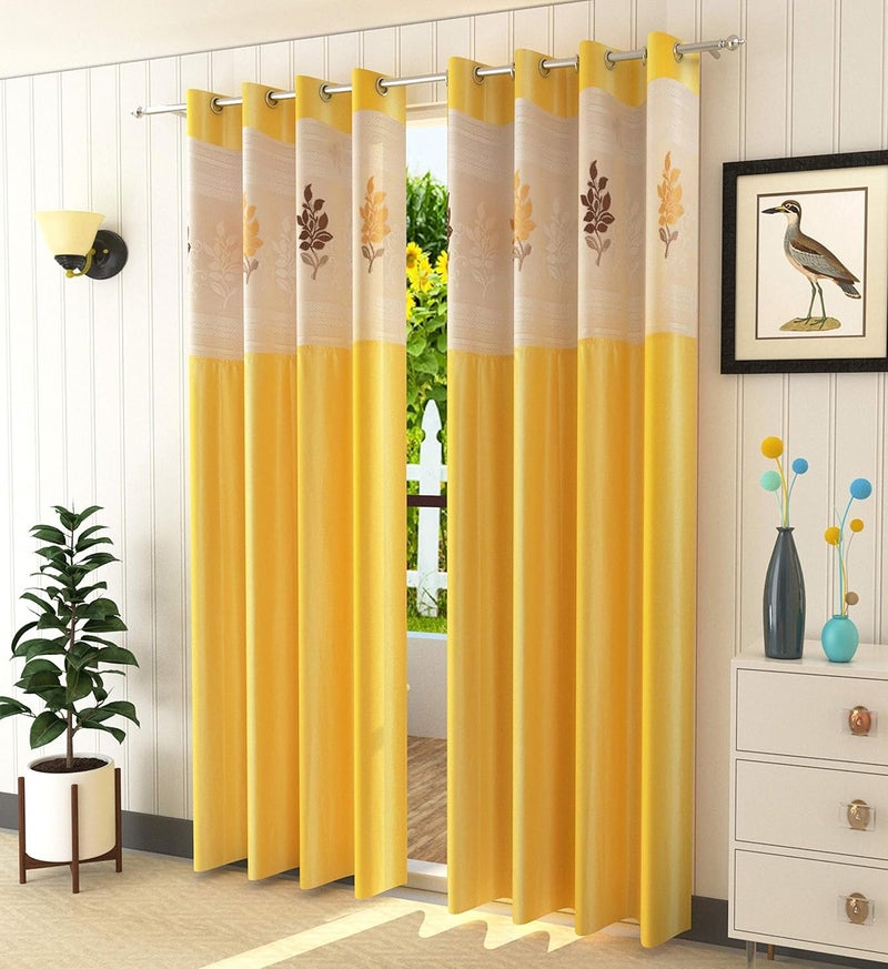 LaVichitra 2 Piece Premium Door Curtain with Floral Net 7ft Yellow - Image 1