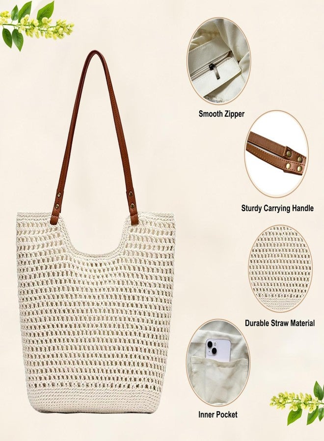 Bototack Straw Beach Tote Bag for Women - Large Summer Crochet Beach Bag, Boho Woven Shoulder Handbags for Vacation Travel, Beige, Large - Image 4