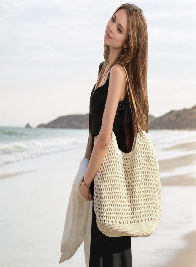 Bototack Straw Beach Tote Bag for Women - Large Summer Crochet Beach Bag, Boho Woven Shoulder Handbags for Vacation Travel, Beige, Large - Image 2