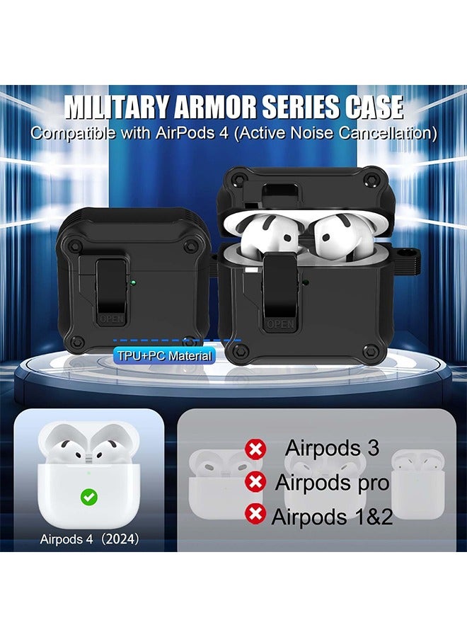 جراب قفل لسماعات AirPods 4 (2024)، غطاء حماية آمن مقاوم للصدمات متوافق مع ملحقات جراب AirPods من الجيل الرابع مع سلسلة مفاتيح/حزام (أسود) - Image 2