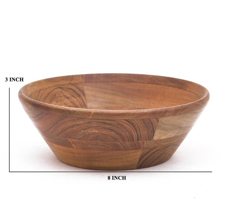 OGGN Natural Acacia Wood Mixing Serving Bowl Handmade Wooden Salad Bowls Antique Soup Serve Ware Elegant Multipurpose Bowl for Salads Soups Snacks 8 X 8 X 3 Inch - Image 2