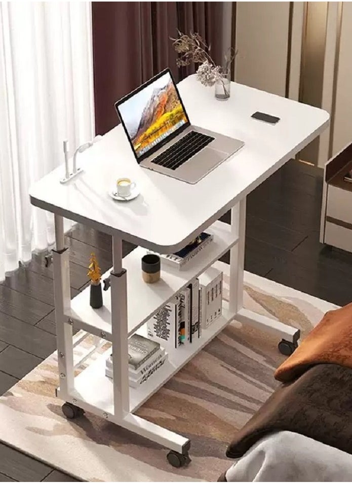 Home Office Desk With Adjustable Height Of Shelves, Portable Small Computer Desk With Rollers, Stable And Durable （White 80*40 cm）
