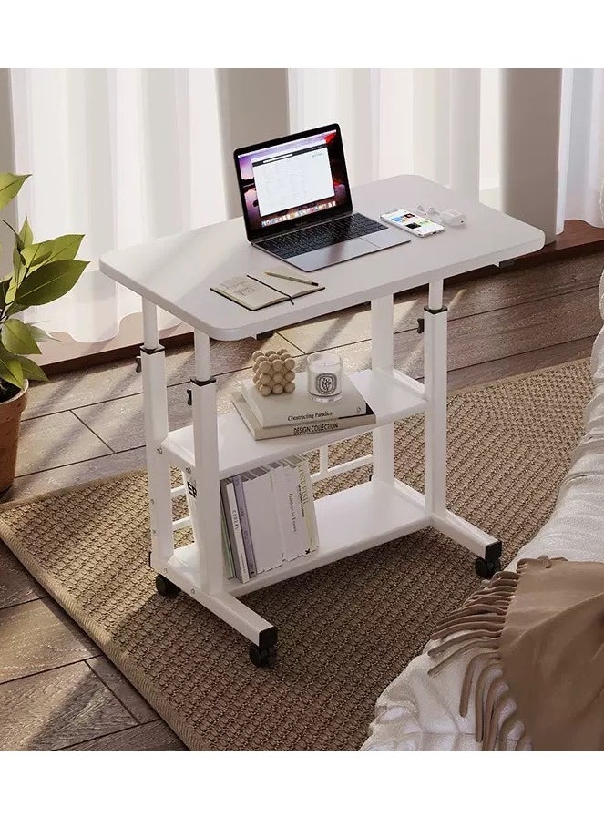 Home Office Desk With Adjustable Height Of Shelves, Portable Small Computer Desk With Rollers, Stable And Durable （White 80*40 cm）