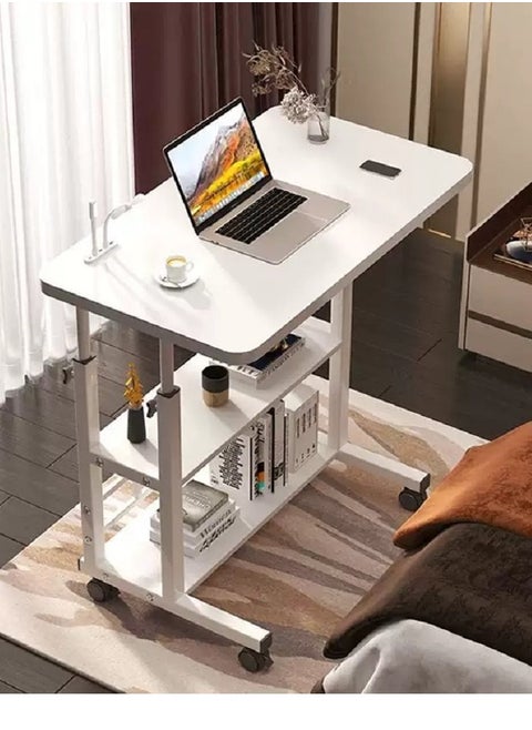 Home Office Desk With Adjustable Height Of Shelves, Portable Small Computer Desk With Rollers, Stable And Durable （White 80*40 cm）