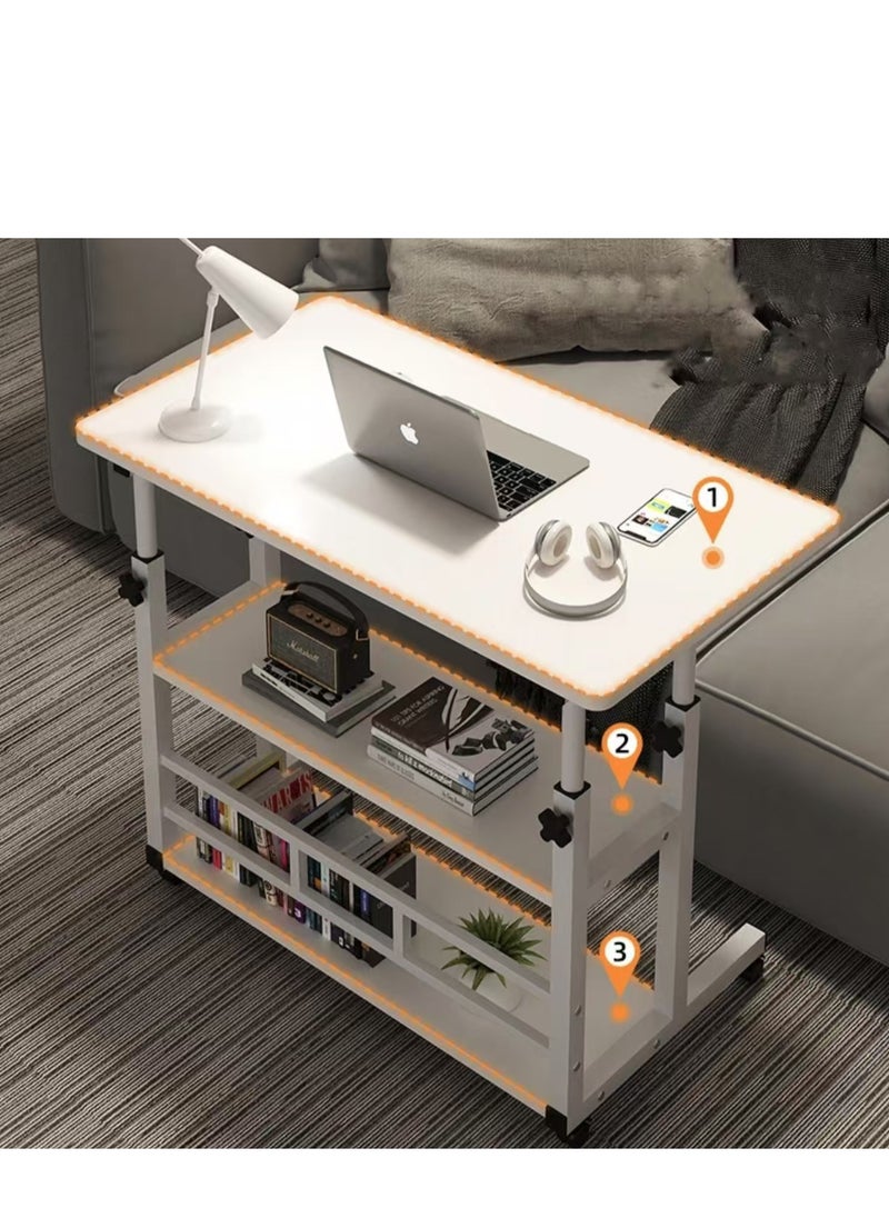 Home Office Desk With Adjustable Height Of Shelves, Portable Small Computer Desk With Rollers, Stable And Durable （White 80*40 cm）
