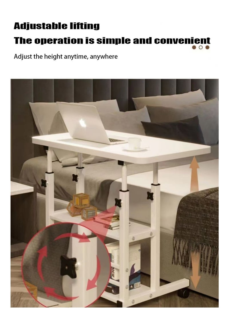 Home Office Desk With Adjustable Height Of Shelves, Portable Small Computer Desk With Rollers, Stable And Durable （White 80*40 cm）