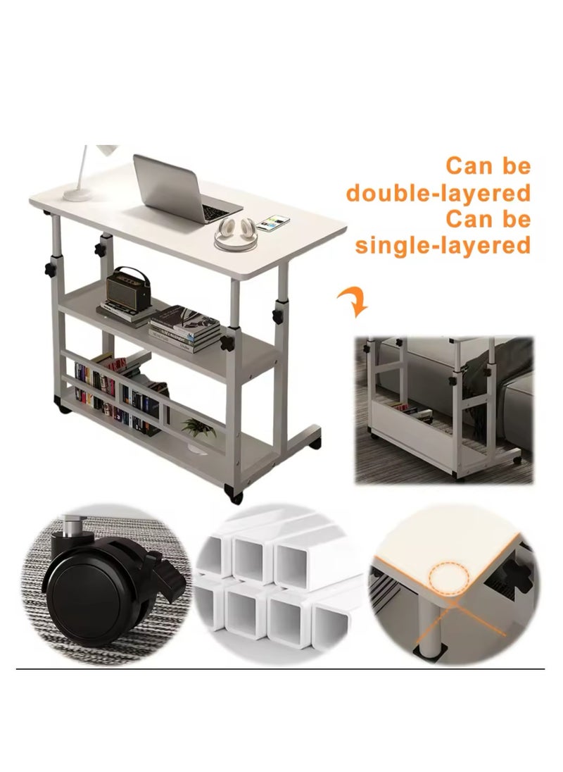 Home Office Desk With Adjustable Height Of Shelves, Portable Small Computer Desk With Rollers, Stable And Durable （White 80*40 cm）