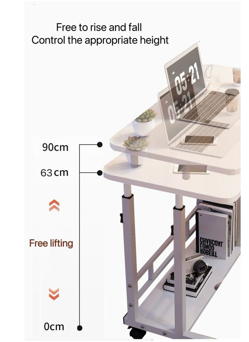 Home Office Desk With Adjustable Height Of Shelves, Portable Small Computer Desk With Rollers, Stable And Durable （White 80*40 cm）