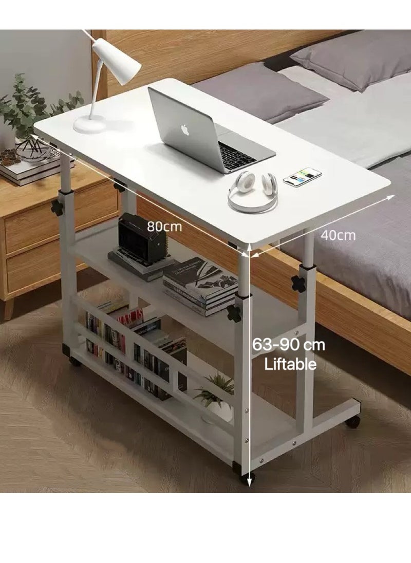 Home Office Desk With Adjustable Height Of Shelves, Portable Small Computer Desk With Rollers, Stable And Durable （White 80*40 cm）