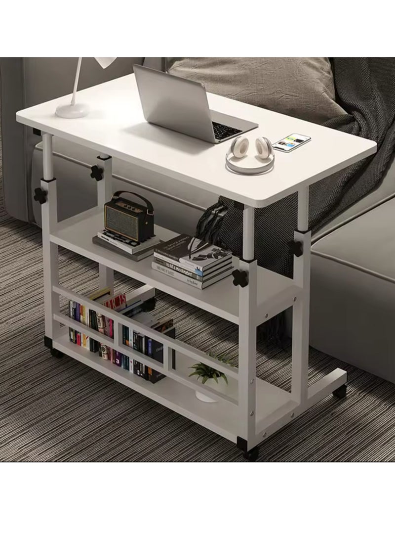 Home Office Desk With Adjustable Height Of Shelves, Portable Small Computer Desk With Rollers, Stable And Durable （White 80*40 cm）