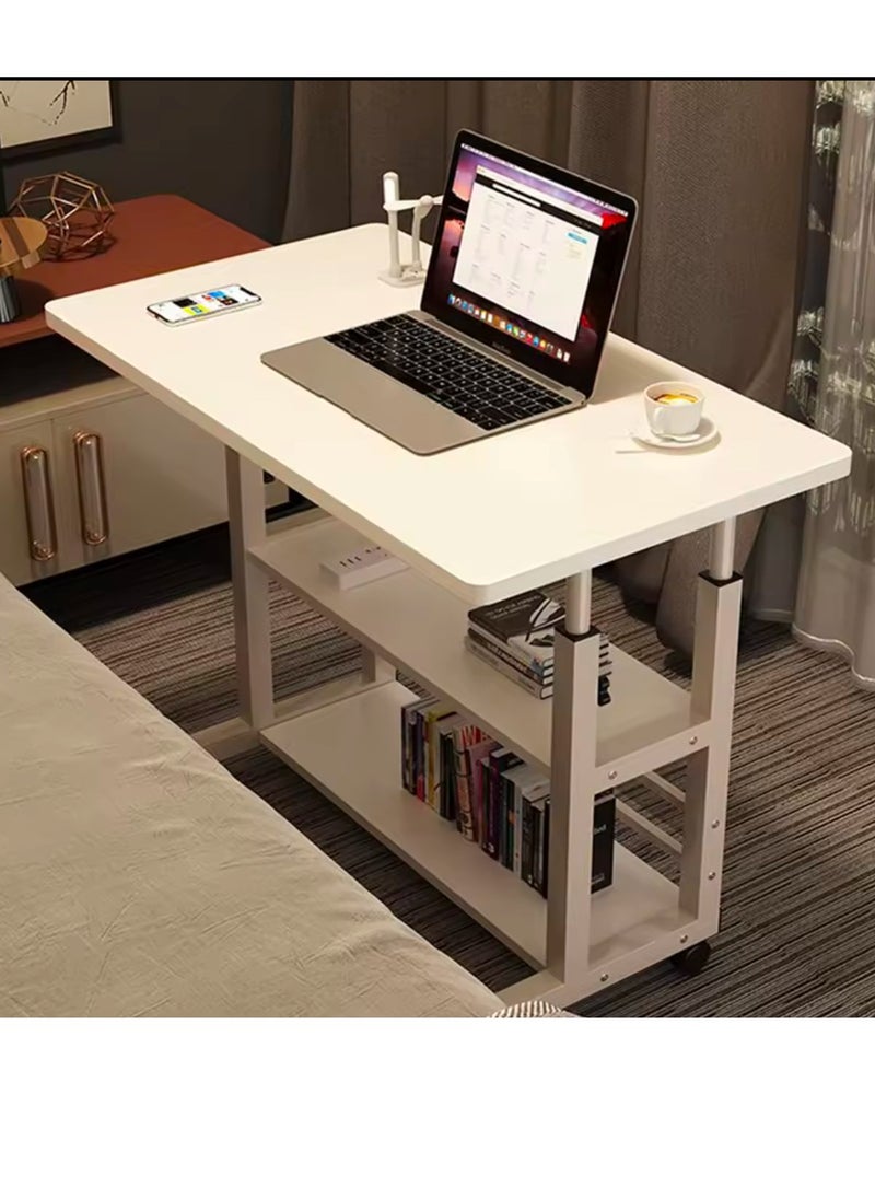 Home Office Desk With Adjustable Height Of Shelves, Portable Small Computer Desk With Rollers, Stable And Durable （White 80*40 cm）