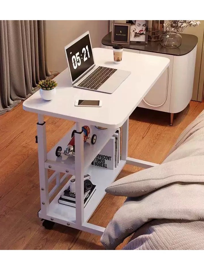 Home Office Desk With Adjustable Height Of Shelves, Portable Small Computer Desk With Rollers, Stable And Durable （White 80*40 cm）