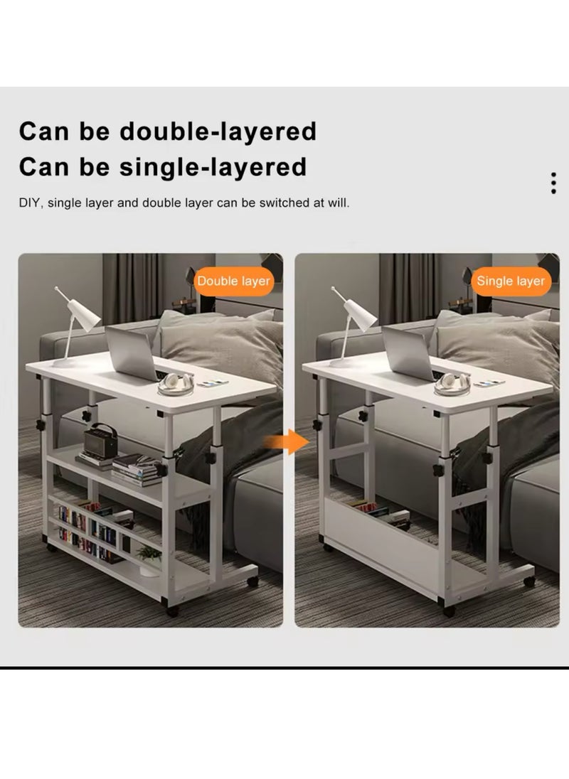 Home Office Desk With Adjustable Height Of Shelves, Portable Small Computer Desk With Rollers, Stable And Durable （White 80*40 cm）
