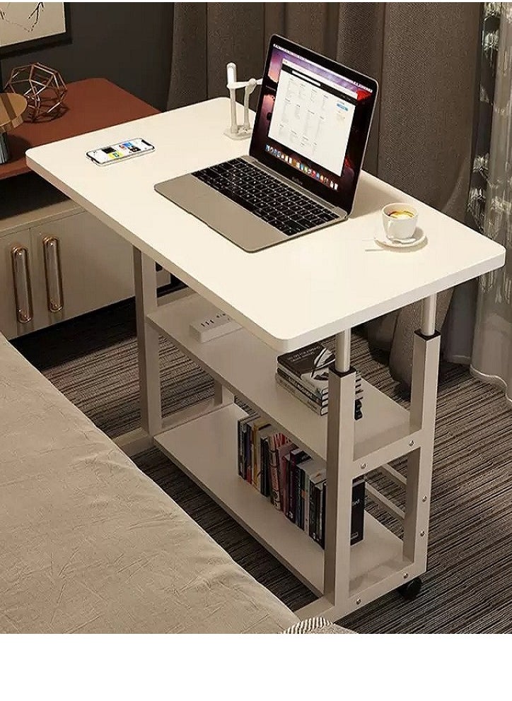 Home Office Desk With Adjustable Height Of Shelves, Portable Small Computer Desk With Rollers, Stable And Durable （White 80*40 cm）